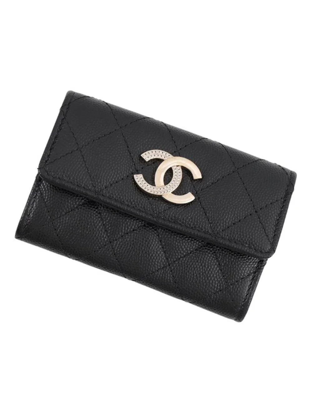 Chanel Card Case Quilted CC Logo Caviar Leather Rhinestone Business Black